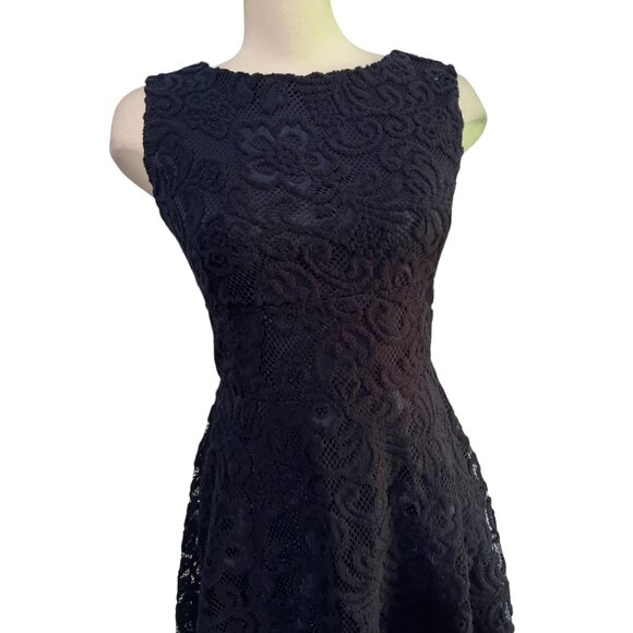 Tiana B Textured Lace A Line Dress Sz 4 Womens Navy Blue Knee Length Sheer Sleev - Picture 5 of 12